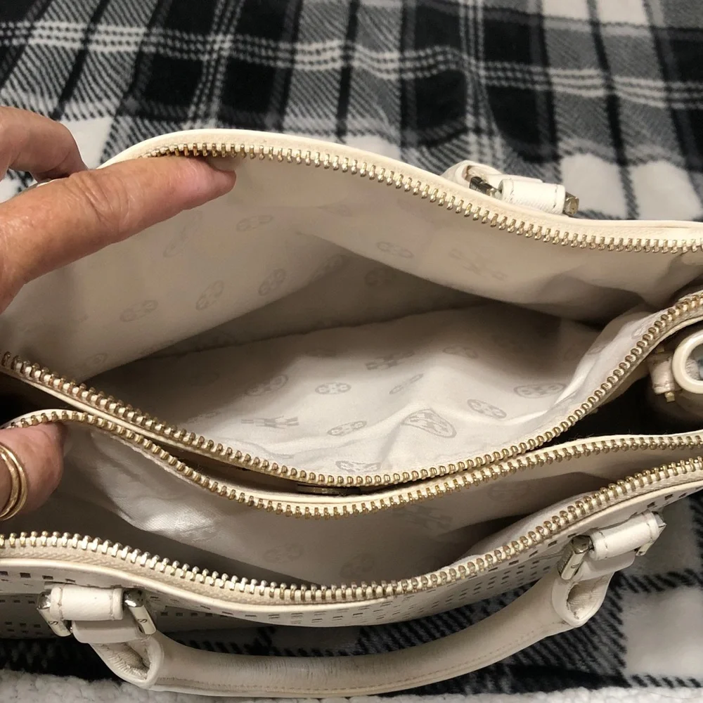 Tory Burch White Perforated Leather Tote with Gold Logo